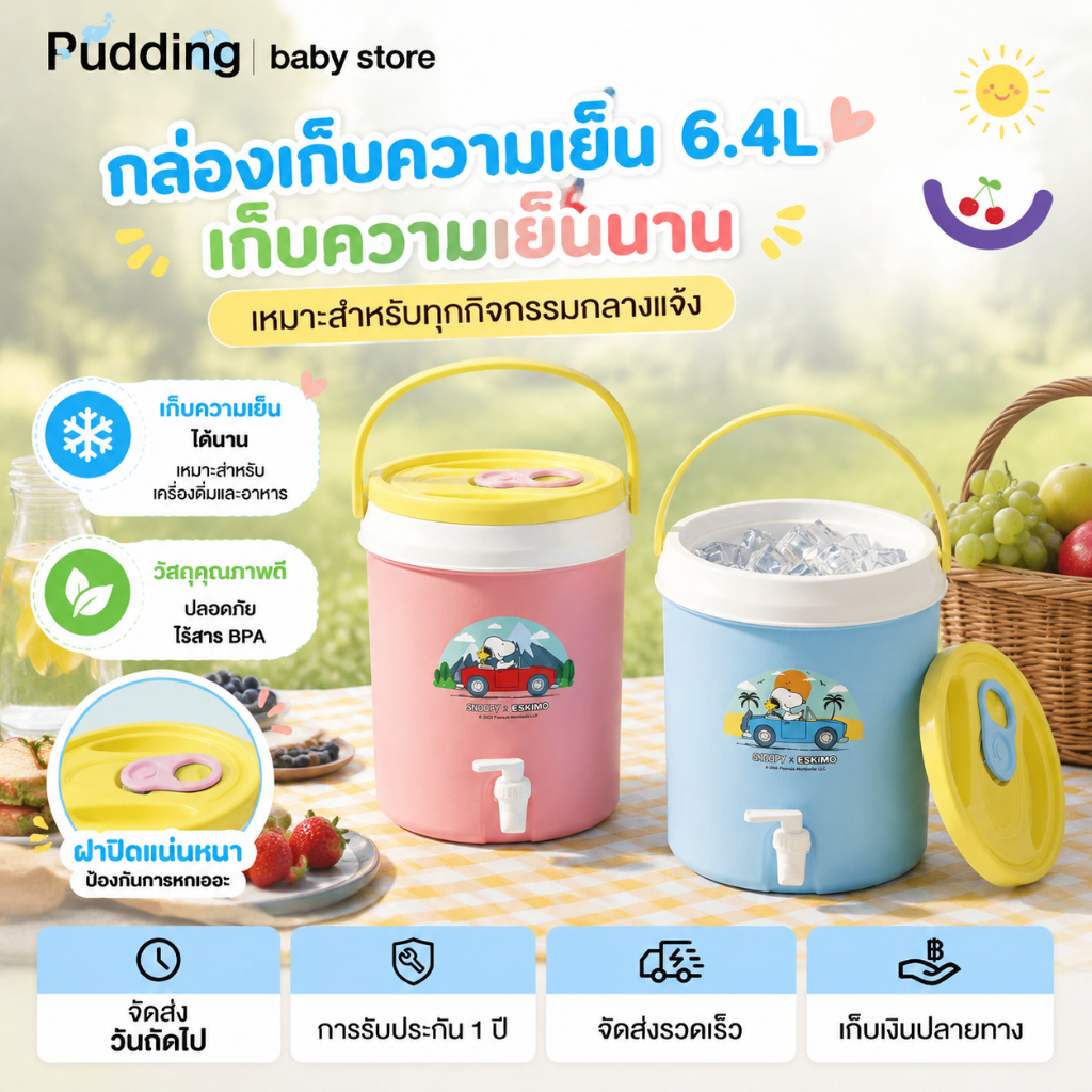Pudding กล่องเก็บความเย็นทรงกลม 6.4L เก็บเย็น 12ชม. มีหูหิ้วและก๊อกน้ำ พกพาสะดวก ลายน่ารัก