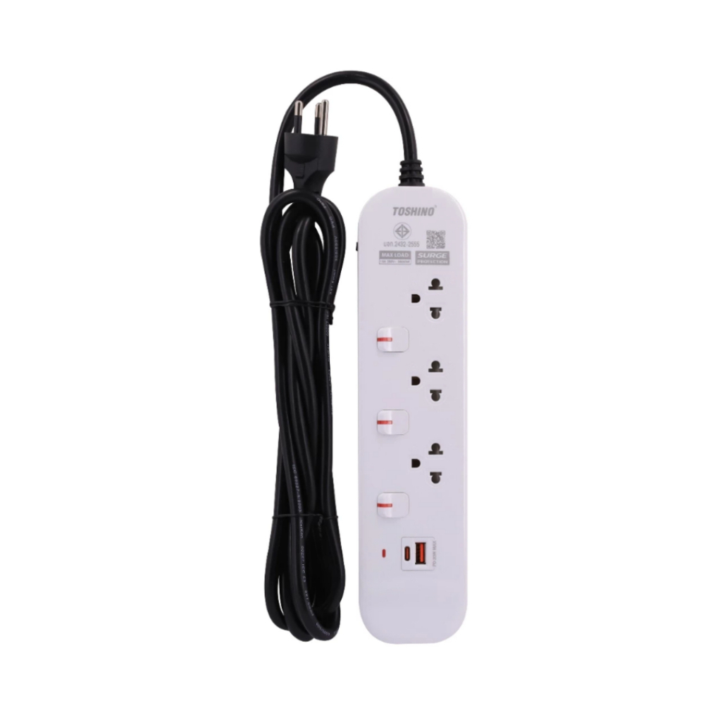 TOSHINO JT3UC-3M ปลั๊กพ่วง USB-C 20W 3 ช่อง 3 สวิตช์ 3 เมตร 16A 3600W