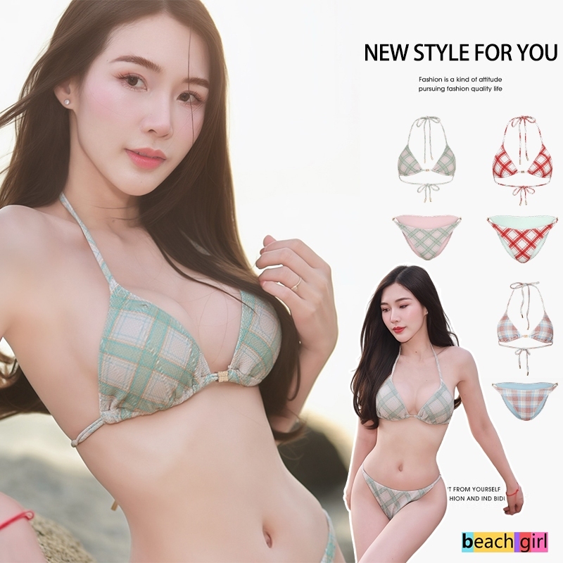 beachgirl ชุดบิกินี่สายคล้องคอ สวิมสูทลายตาราง แฟชั่นสไตล์หวานๆ มี3สี ผ้ายืดหยุ่น ไม่รัดตัว เหมาะไปทะเล