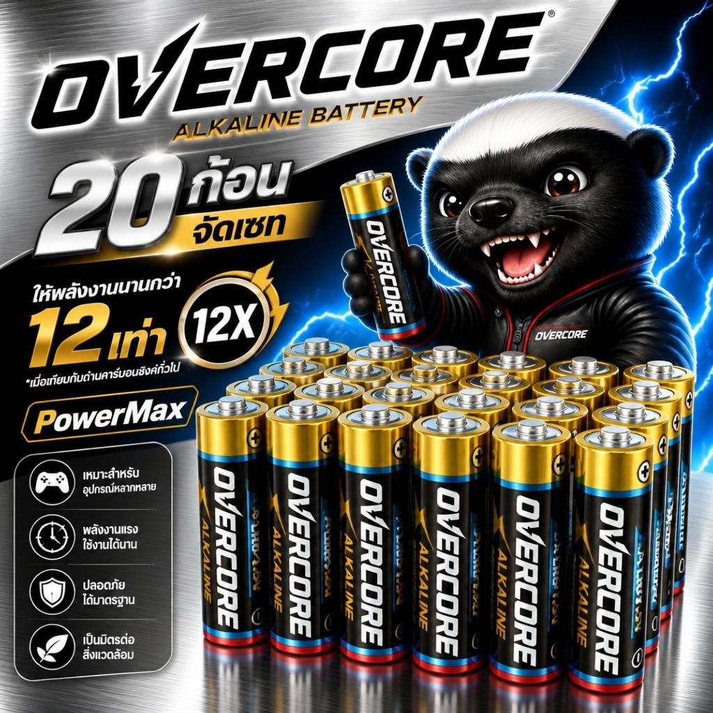 OVERCORE ถ่านอัลคาไลน์ Alkaline Battery รุ่นใหม่ ไฟแรงเต็มก้อน ใช้นานกว่าถ่านปกติ 12เท่า