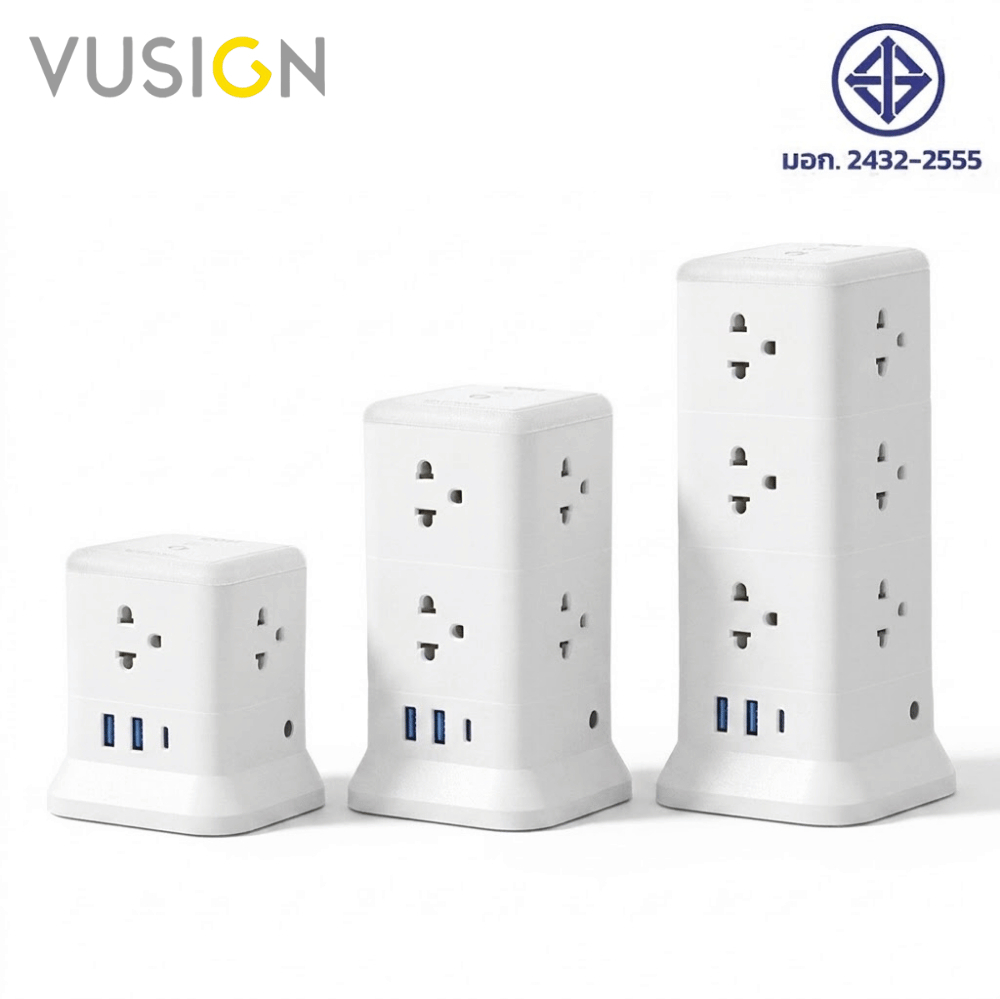 Vusign ปลั๊กไฟตั้งโต๊ะ ปลั๊กไฟคอนโด ใช้ได้ 4 ด้านUSB-A +Type-Cมีไฟในตัว ตัดไฟอัตโนมัติ Tower Socket