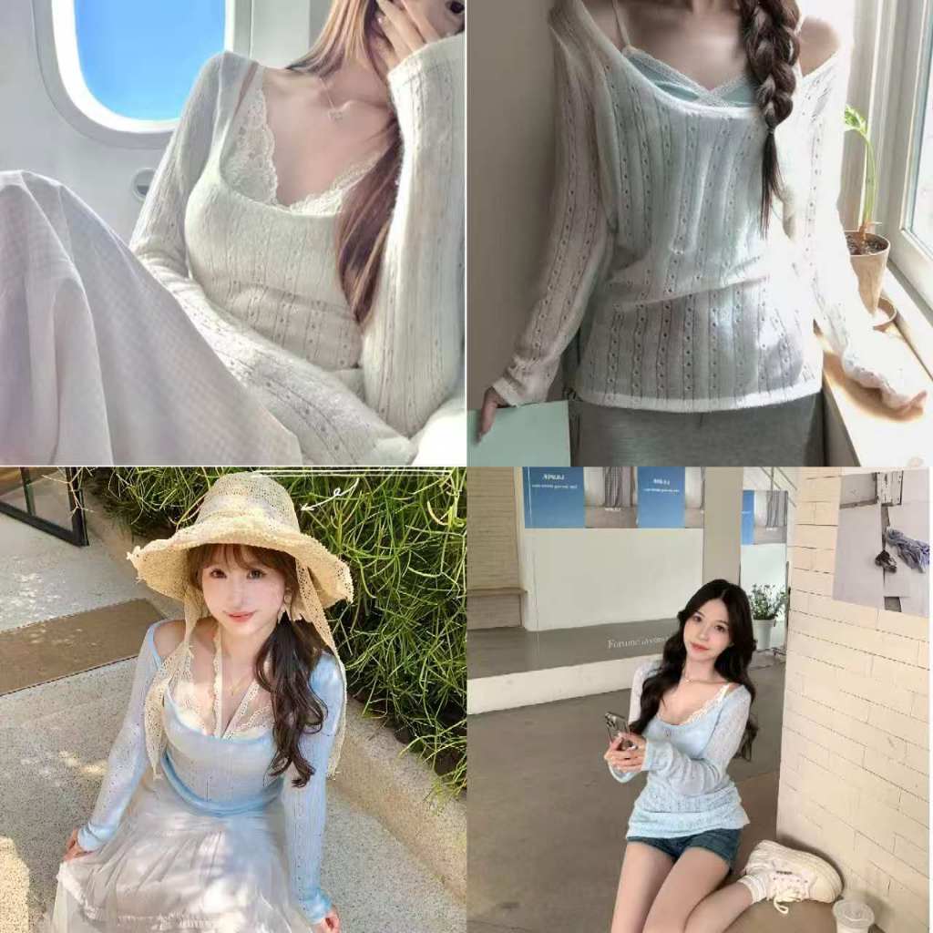 YUANMEI พร้อมส่ง เสื้อถักไหมพรมเซ็กซี่สำหรับผู้หญิง คอลเลคชั่นฤดูใบไม้ผลิ/ฤดูร้อน 2026 คอเหลี่ยม แขนยาวทรงเข้ารูป Y17