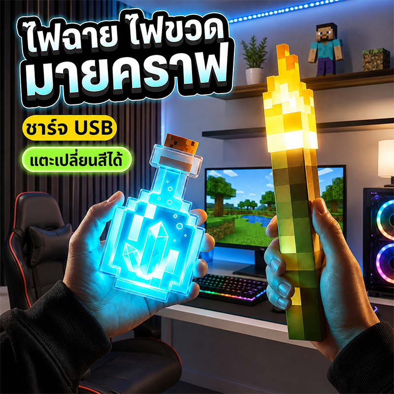 หลอดไฟ led รูปเกม Minecraft เปลี่ยนสีได้ ของเล่นมายคราฟ แบบชาร์จไฟได้