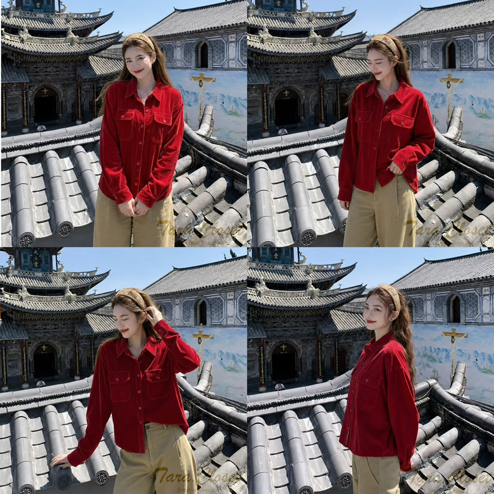 VEL002 TARA RED เสื้อเชิ้ต แขนยาว แขนพอง กระเป๋าคู่ กระดุมหน้า เนื้อผ้ากำมะหยี่ ผ้านุ่ม ผ้าดีมาก รู้สึกสบายเวลาสวมใส่