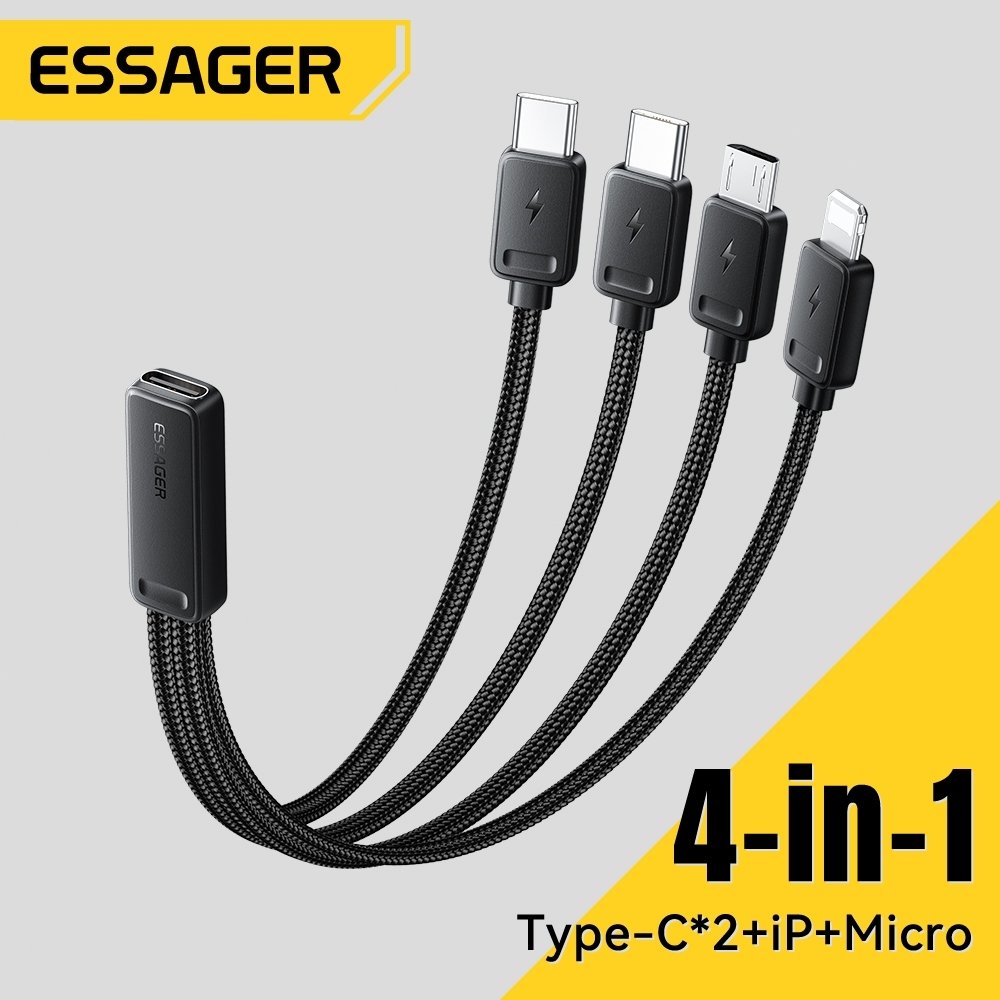 Essager สายชาร์จแบบแยก 1 ใน 4 สำหรับเดินทางและใช้ในบ้าน Type C ถึง Type C Micro iOS