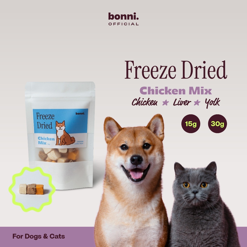 Bonni ฟรีซดรายสูตรไก่ สำหรับสุนัขและแมว เนื้อไก่ ตับไก่ ไข่แดง - Freeze Dried Chicken Mix 15g 30g