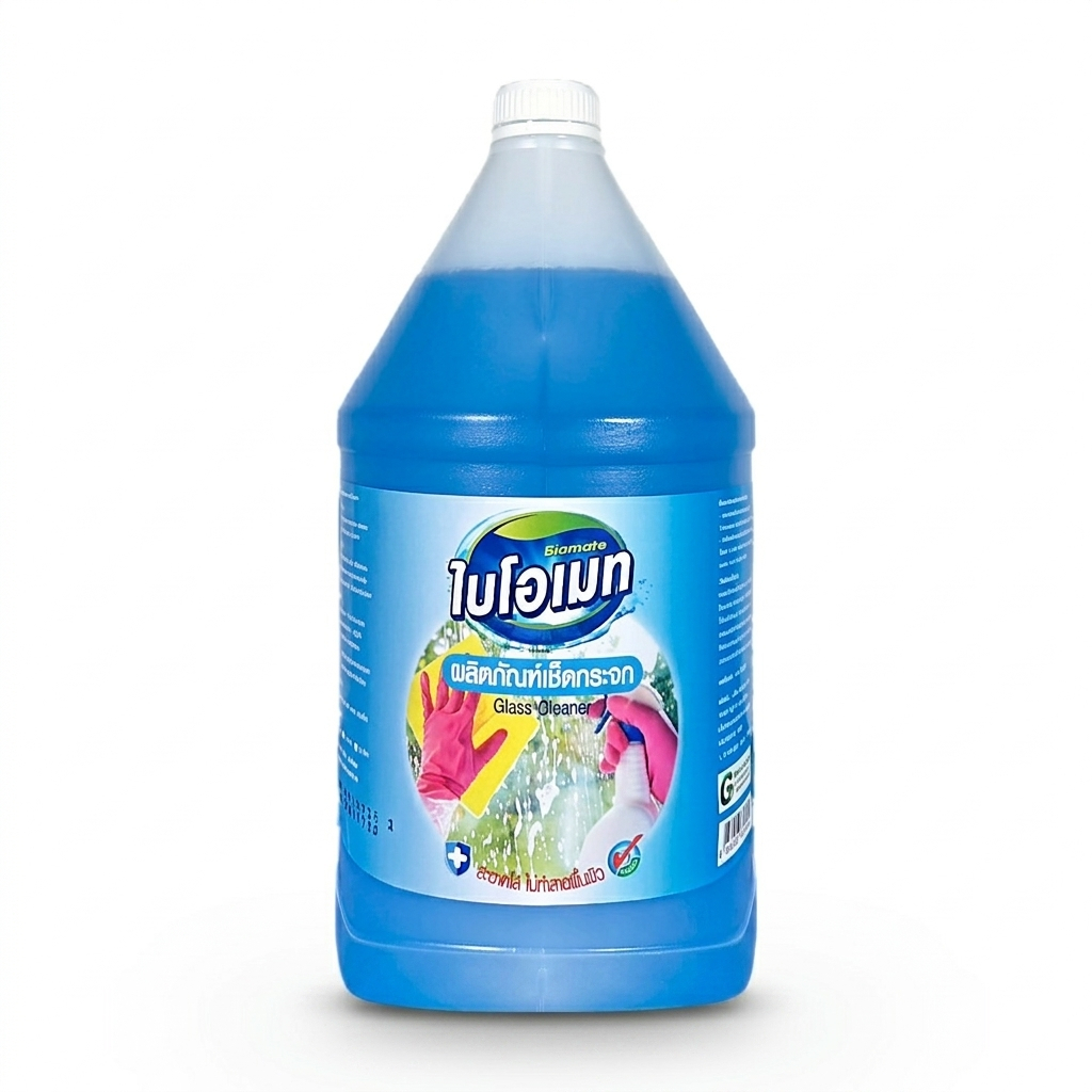 BIOMATE ไบโอเมท | ผลิตภัณฑ์เช็ดกระจก สูตรเข้มข้น ขนาด 3.8 ลิตร (1 แกลลอน) · รหัส BIOMATE-GLASS-CLEAN