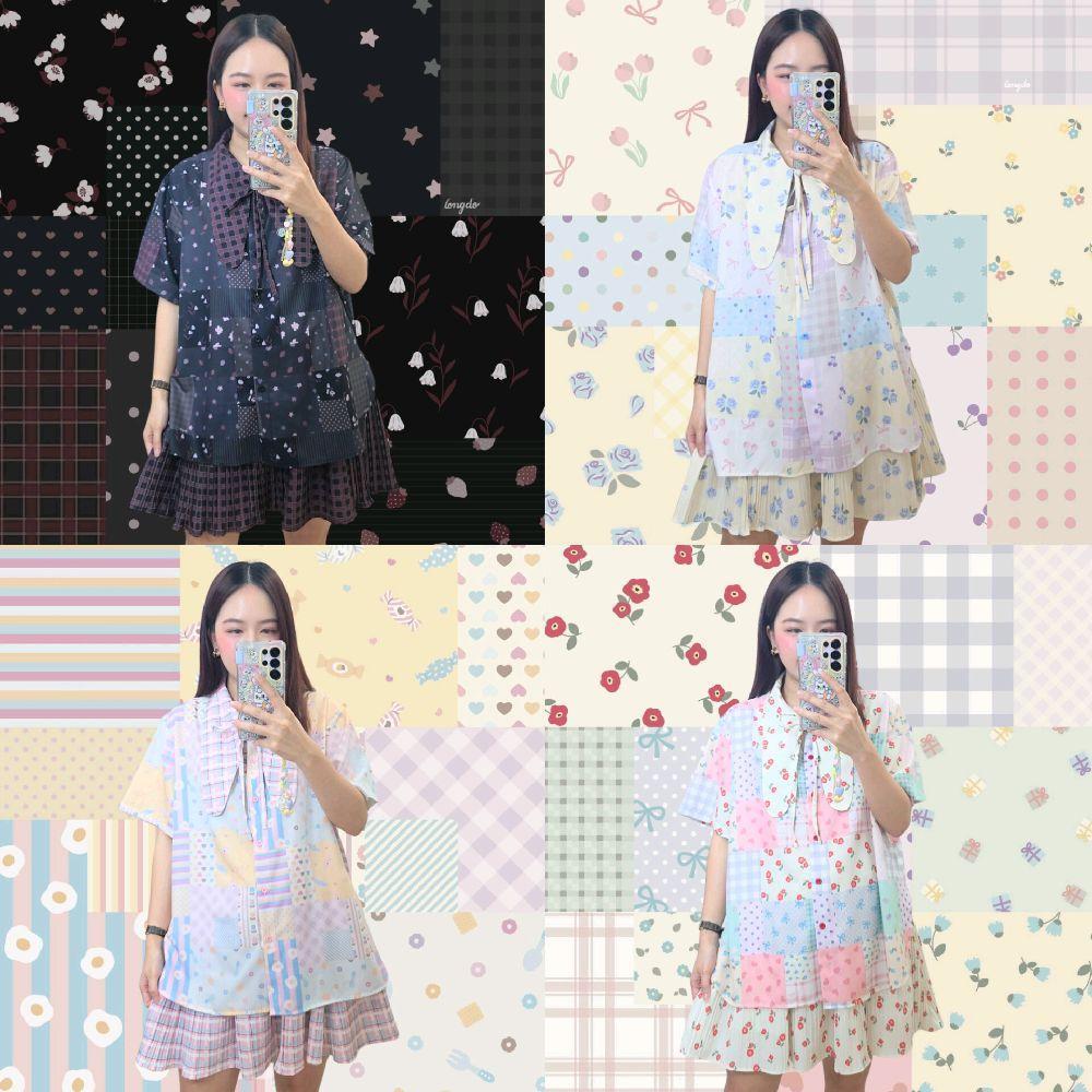 Queen set ชุดเซ็ทเสื้อคอปกบันนี่+กระโปรงอัดพลีทซับในเป็นกางเกงอัดพลีท ใส่สบาย