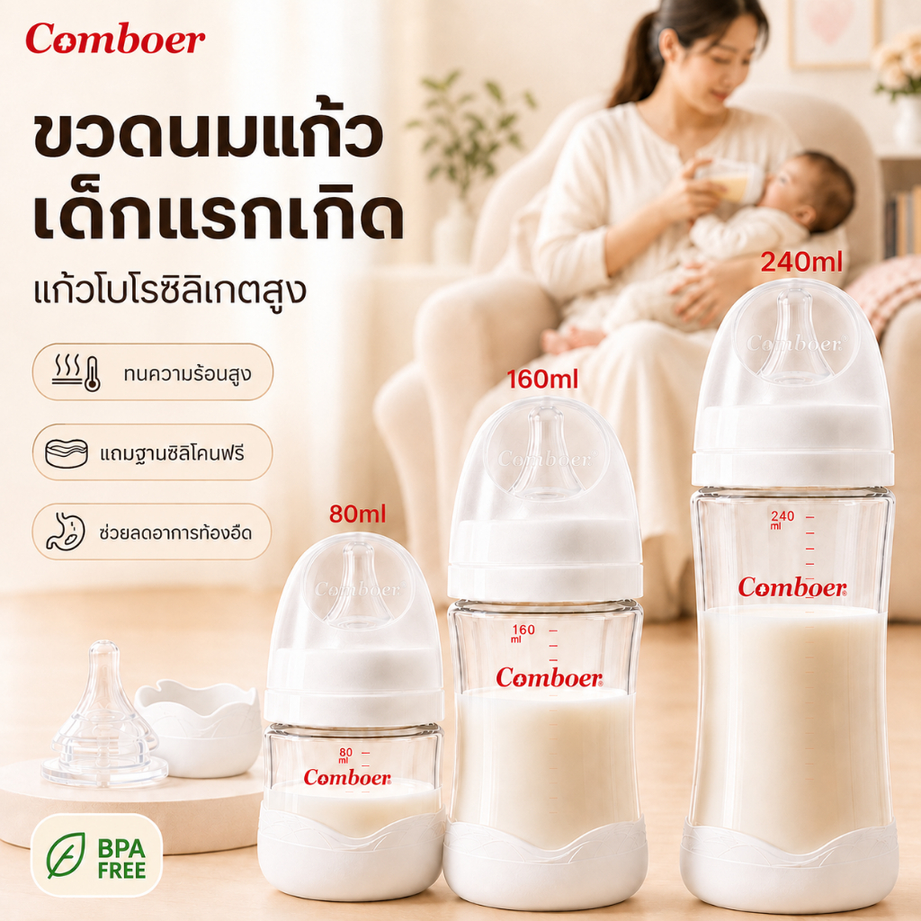 ขวดนม ขวดนมแก้ว 80/160/240ml ขวดแก้วเด็กคอกว้าง ขวดนมเด็กพร้อมจุกนมสำหรับขวดนมเด็ก ขวดนม จุกนม ปลอด BPA Free Comboer