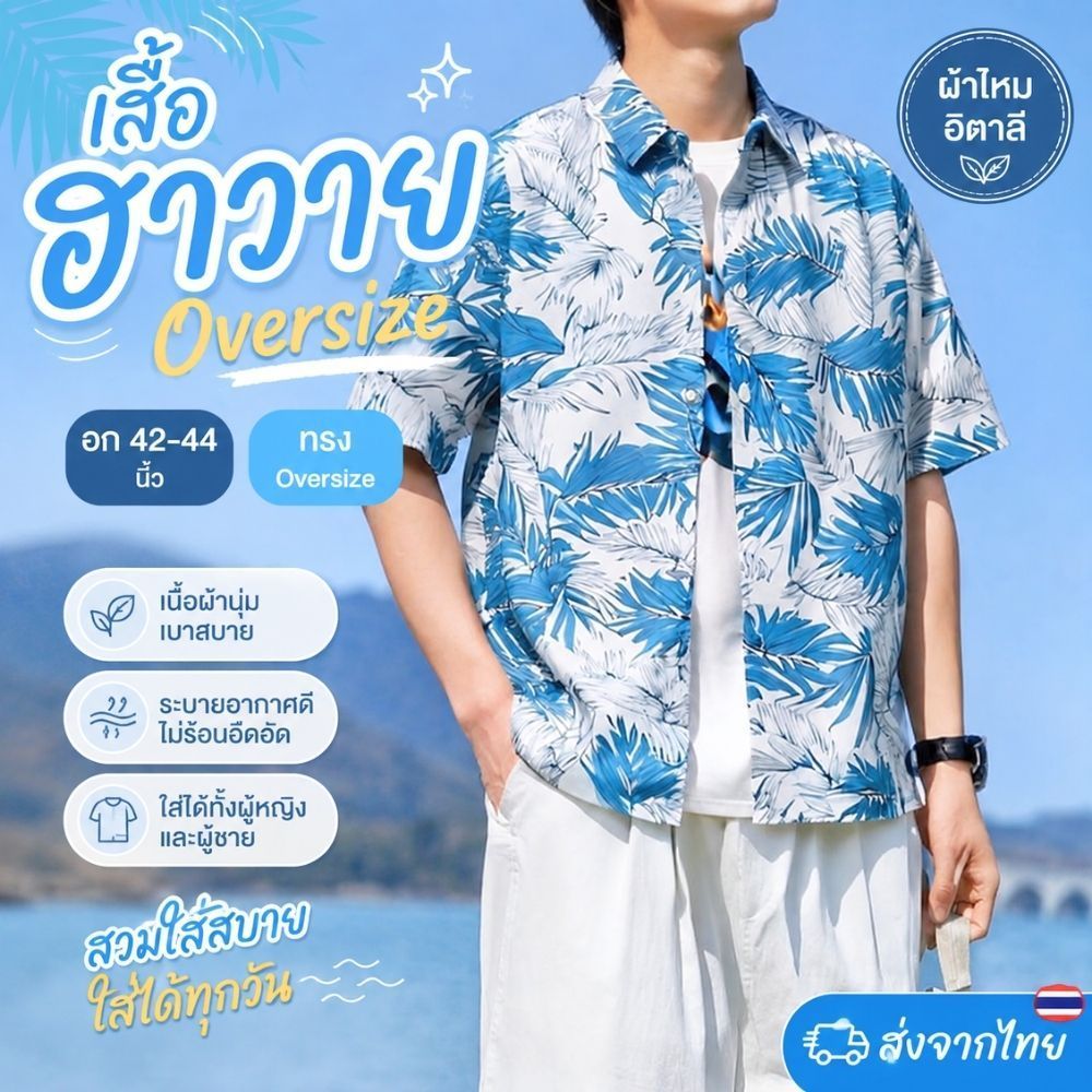 เสื้อฮาวาย Hawaii เสื้อเชิ้ต Oversize เชิ้ตผ้าลื่น พริ้ว ทิ้งตัว สวยเซอร์ มีสไตล์ สินค้ามาใหม่มาแรง 