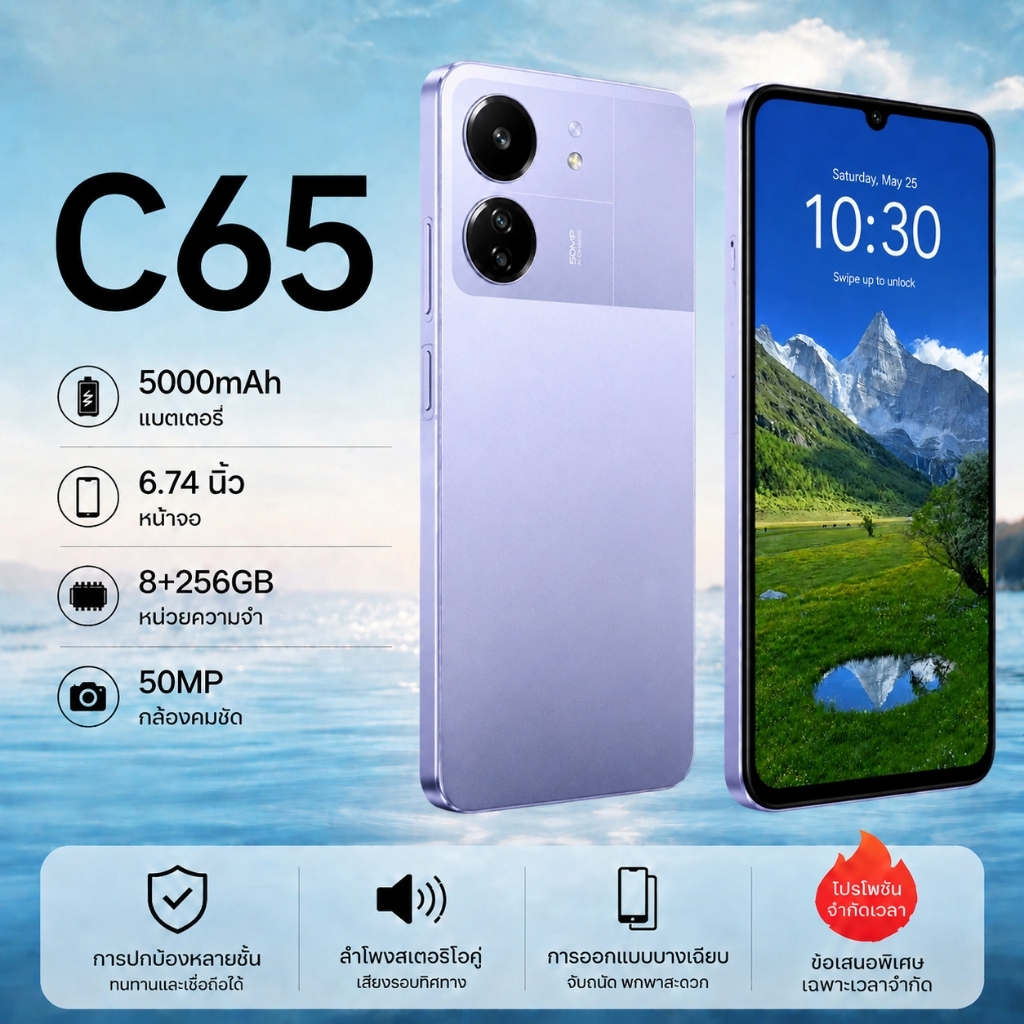 มือถือ C65 RAM 8GB ROM 256GB แถมฟรีเคส+ฟิล์มกันรอย สั่งซื้อรับประกันเพิ่มอีก 12 เดือน