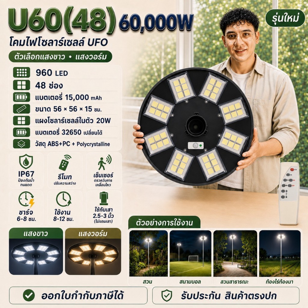 UFO 60000W แสงขาว 48ช่อง มีแสงขาว/วอร์ม ตัวเลือกสินค้า ไฟโซล่าเซลล์ ไฟพลังงานแสงอาทิตย์ สินค้าขายดี ค่าไฟ 0 บาท