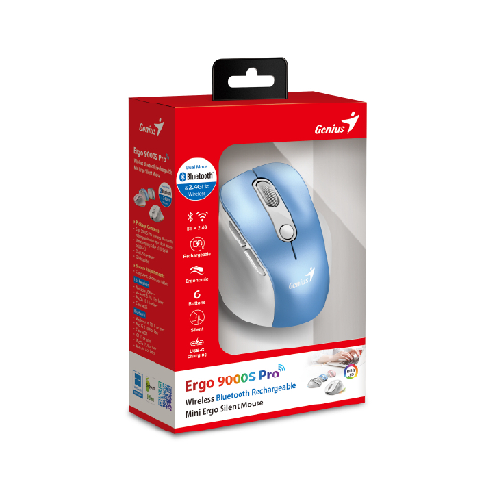 WD PREMIUM GENIUS MOUSE RS2,ERGO 9000S PRO,(LIGHT BLUE)BLUETOOTH 5.3 AND 2.4GHZ WIRELESS SILENT
