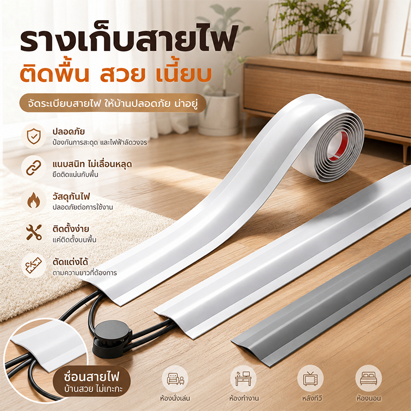 รางเก็บสายไฟ ที่จัดระเบียบสายไฟ แบบยืดหยุ่น มีกาวในตัว ตัดได้ ซ่อนสายไฟ ติดพื้น ติดผนัง กันสะดุด บ้านและออฟฟิศ
