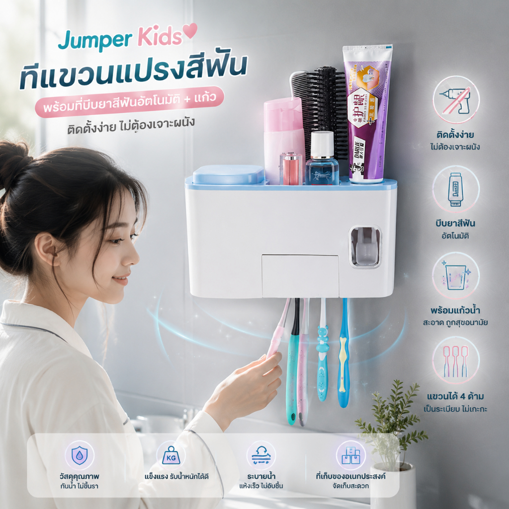 Jumper Kids ที่แขวนแปรงสีฟัน ที่บีบยาสีฟันอัตโนมัติ พร้อมแก้ว ติดตั้งง่ายไม่ต้องเจาะผนัง
