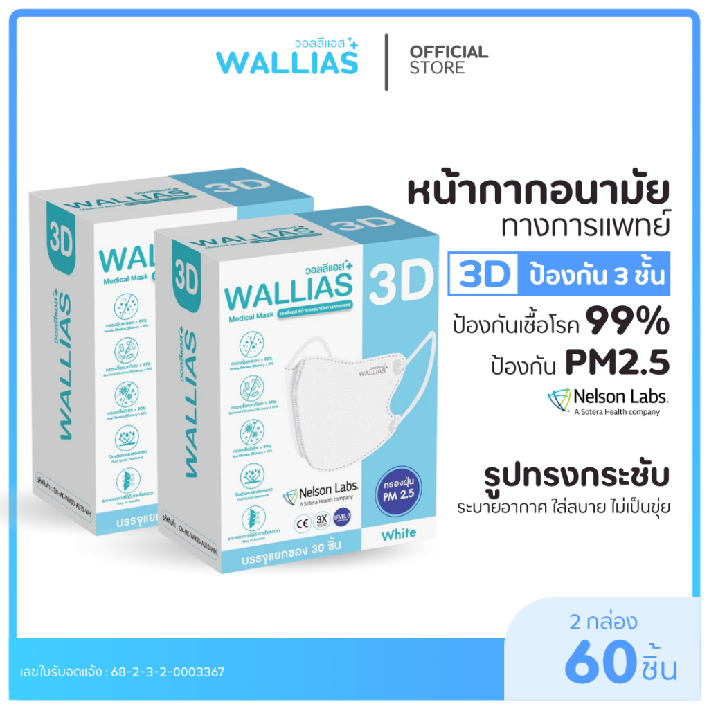 【2 กล่อง】WALLIAS หน้ากากอนามัย 3D Medical Mask ทรงสวย ใส่สบาย ป้องกันฝุ่น PM2.5 เชื้อโรค ไวรัส 99% แมส3D กระชับใบหน้า