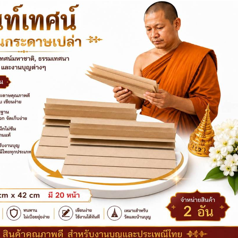กัณฑ์เทศน์เปล่าไม่มีเส้น กระดาษสีน้ำตาลใบลานเทียม (แพ็คละ 2 ล.) ขนาด 5 cm x 42 cm