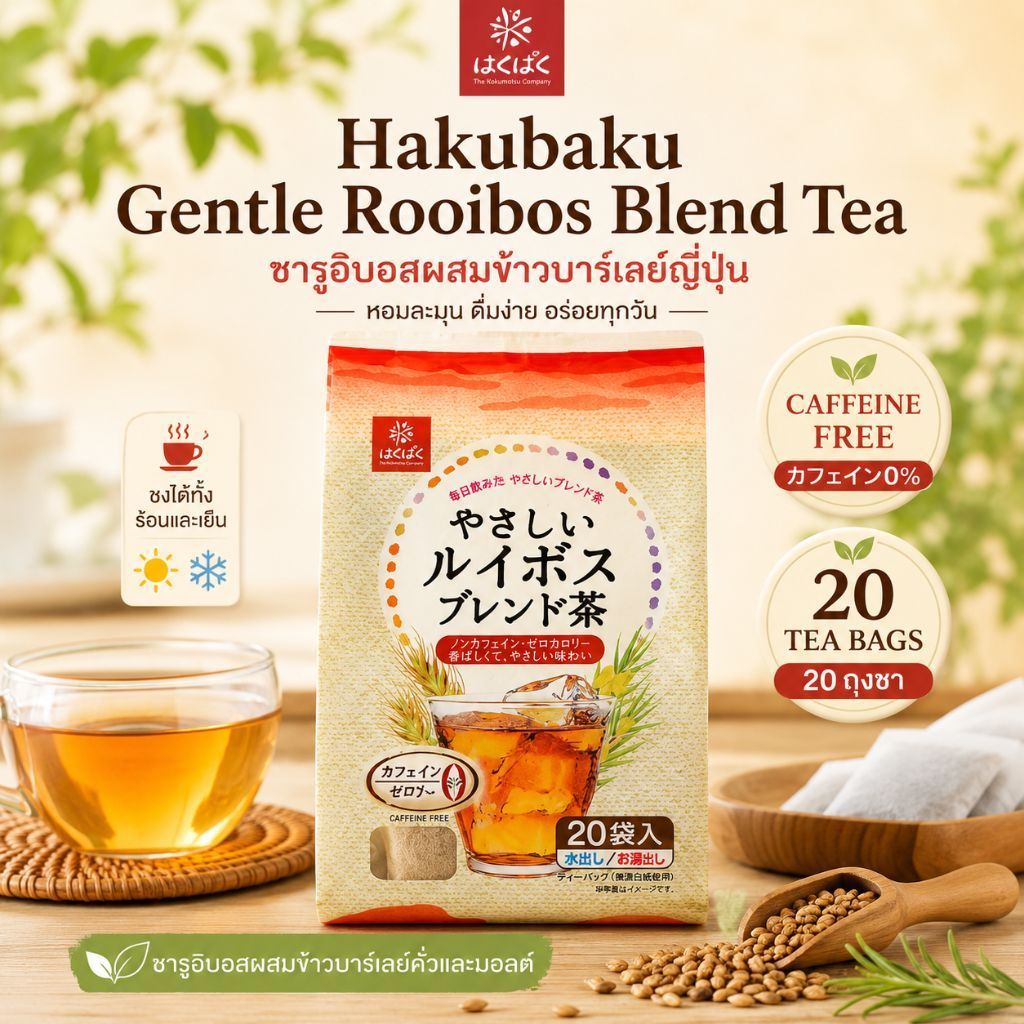 Hakubaku ชารูอิบอสญี่ปุ่น ไม่มีคาเฟอีน Gentle Rooibos Blend Tea ชาข้าวบาร์เลย์ ชงร้อนเย็น 8g x 20 ถุ