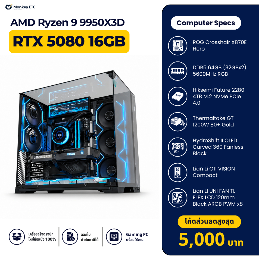คอมประกอบ Gaming PC AMD Ryzen 9 9950X3D + RTX 5080 16GB RAM 64GB SSD 4TB ชุดระบายความร้อนจอ LCD | Mo