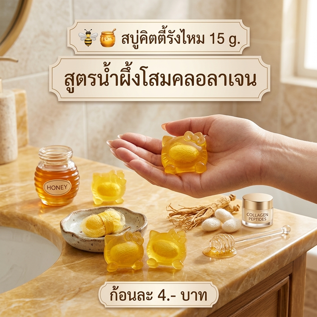 🐝🍯สบู่คิตตี้รังไหม 15 g. สูตรน้ำผึ้งโสมคลอลาเจน ก้อนละ 4.-บาท