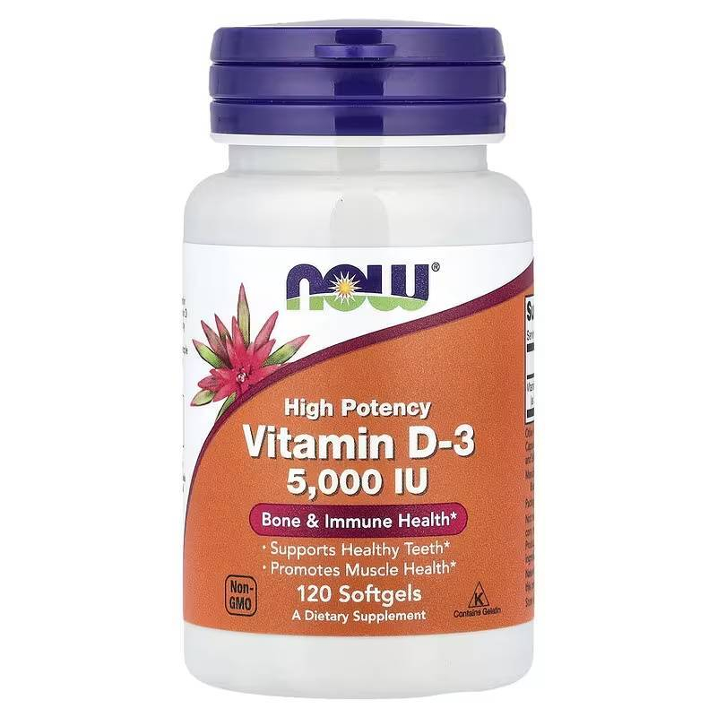 วิตามินดี3 NOW Foods, Vitamin D-3, High Potency, 125 mcg (5,000 IU), 120 Softgels