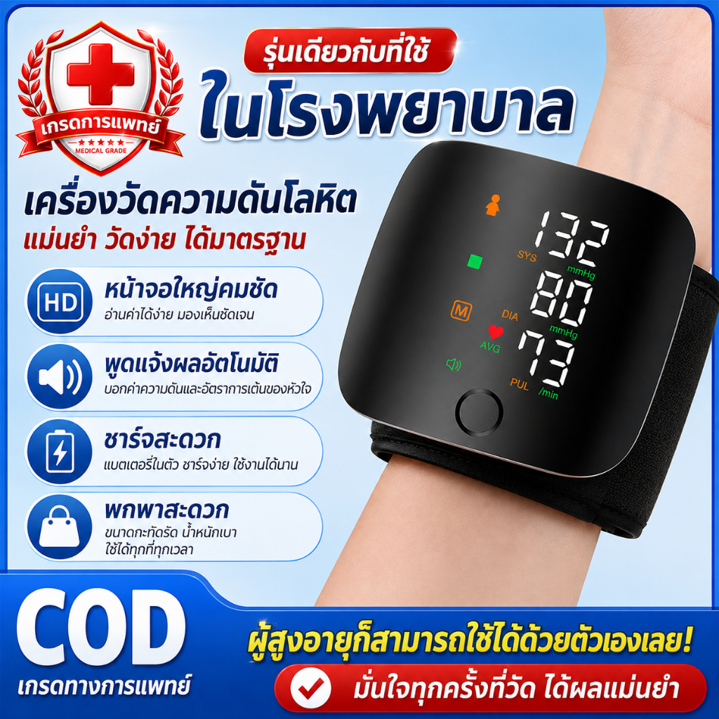 พร้อมส่ง เครื่องวัดความดันโลหิตข้อมือ ดิจิตอล หน้าจอใหญ่ LCD วัดแม่นยำ ใช้งานง่าย พกพาสะดวก เหมาะสำหรับผู้สูงอายุ