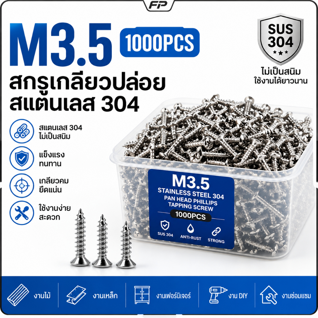 สกรูเกลียวปล่อย M3.5x25mm SUS304 สแตนเลส304 หัวกลม หัวแฉก P+ 1000PCS Pan Head Self Tapping Screw งานไม้ งานเหล็ก GB845