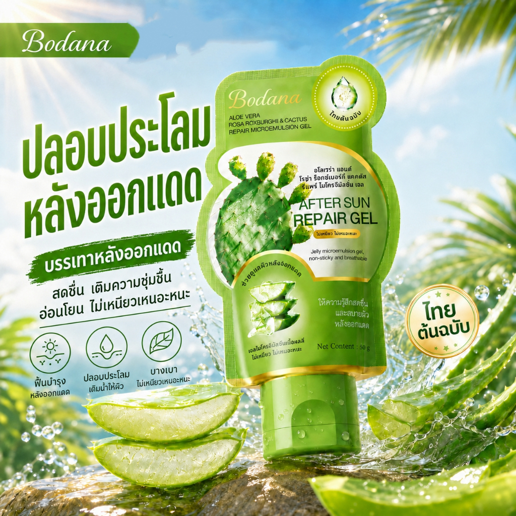 Bodana เจลว่านหางจระเข้ Aloe Vera Gel 50g หลังโดนแดด เติมความชุ่มชื้น ฟื้นบำรุงผิว สูตรกุหลาบและแคคตัส ซึมไว ไม่เหนียว