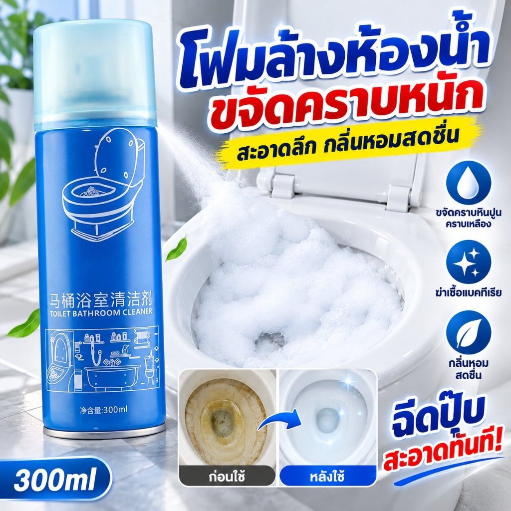 น้ำยาล้างห้องน้ำ โฟมล้างห้องน้ำ น้ำยาล้างโถส้วม ขจัดคราบหินปูน คราบเหลือง คราบสบู่ คราบฝังแน่น ใช้กับโถส้วมและกระเบื้อง