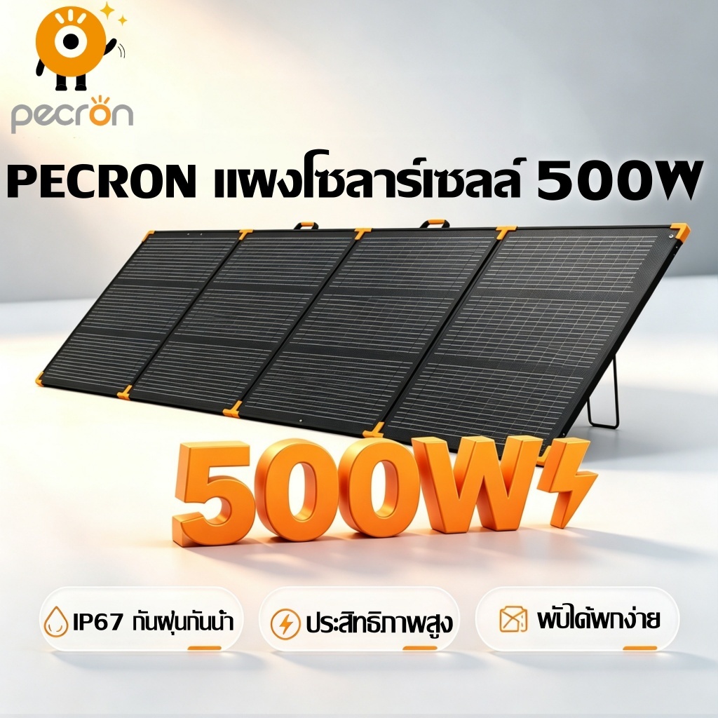 PECRON แผงโซลาร์เซลล์ PV500 500W 42.5V Bifacial Portable Solar Panel Waterproof IP67