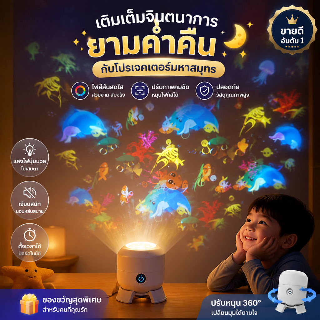 PrimeHome พร้อมส่ง โคมไฟโปรเจคเตอร์ LED หมุนได้ ลายสัตว์ทะเล ไฟแต่งห้องนอนบรรยากาศดี 360° ปลั๊ก USB ของขวัญ
