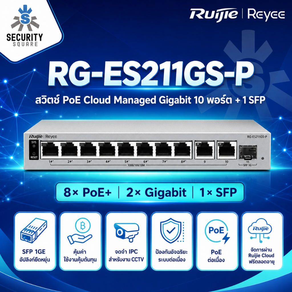 Ruijie Reyee RG-ES211GS-P L2 Smart Cloud Managed PoE Switch, 8x PoE+, 2x GE RJ45, 1x GE SFP, 120W