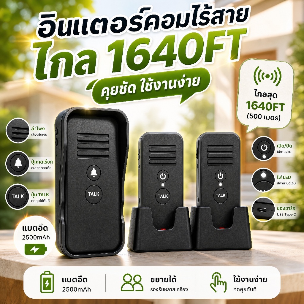 ChunHee ชุนฮีออดอินเตอร์คอมไร้สายสำหรับบ้าน 1/2 ไมล์ Voice Intercom Doorbel Long Range Wireless Room Door Chimes