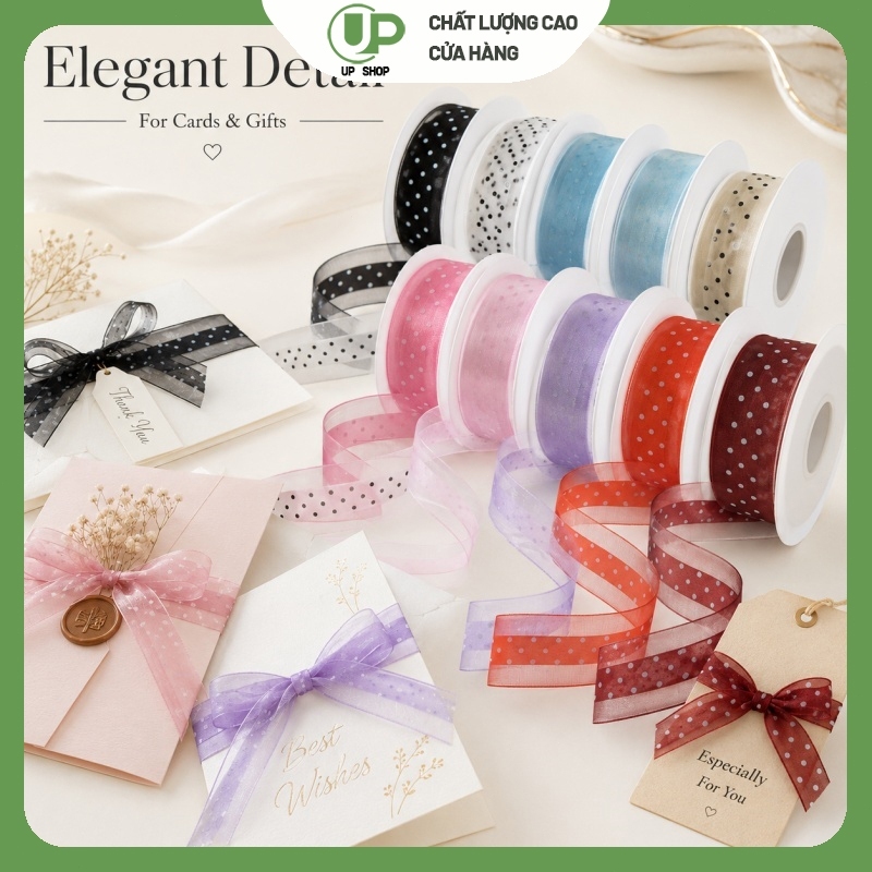 ริบบิ้นลายจุด 2.5 ซม. x 25 หลา ริบบิ้นออร์แกนซ่าโปร่งใส สำหรับห่อของขวัญและทำโบว์