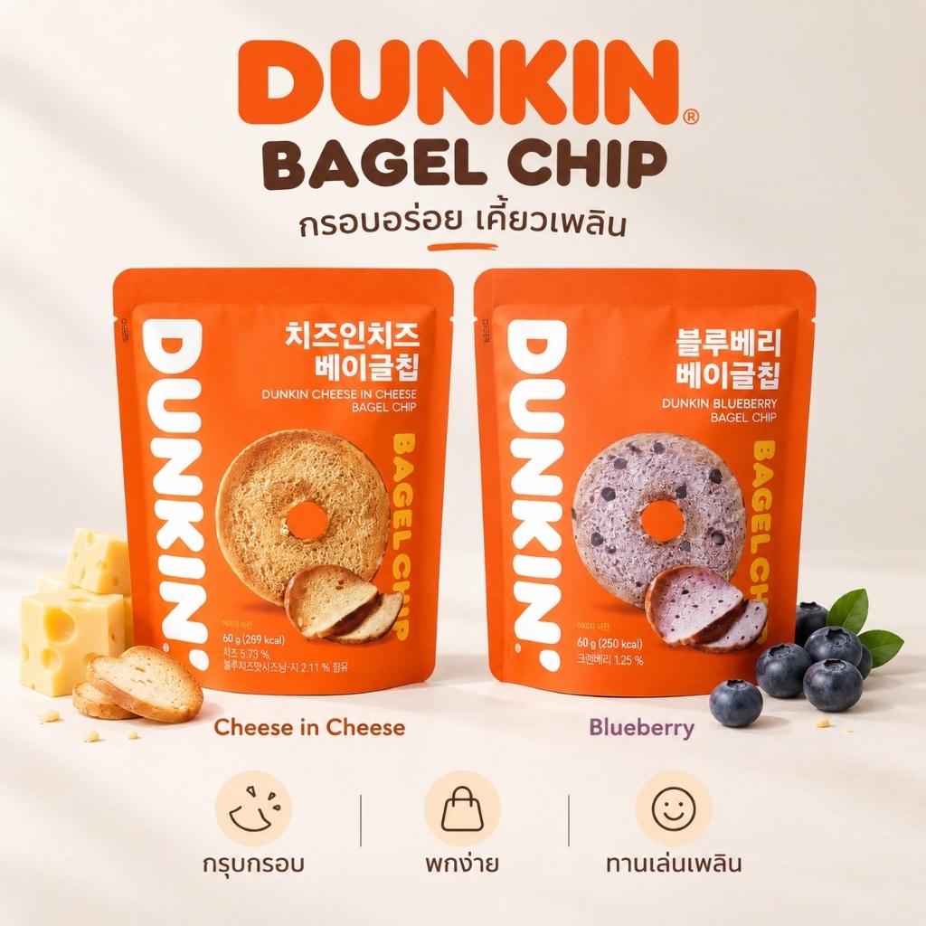 [EXP.01.2027 1 ซอง] Dunkin Baked Blueberry/Cheese in Cheese Bagel Chips 60g เบเกิลอบ 2 รสชาติ