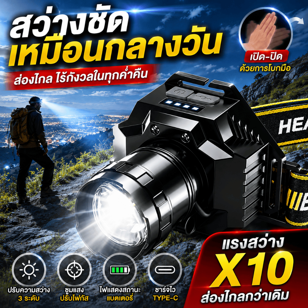 ไฟฉายคาดหัวแท้LED15000Wแบตอึด ไฟคาดหัวแรงสูง ซูมได้ยืดหด เปิด-ปิดไฟแค่โบกมือ ไฟสายคาดหัว กันน้ำ ไฟส่องกบ ไฟส่องสัตว์
