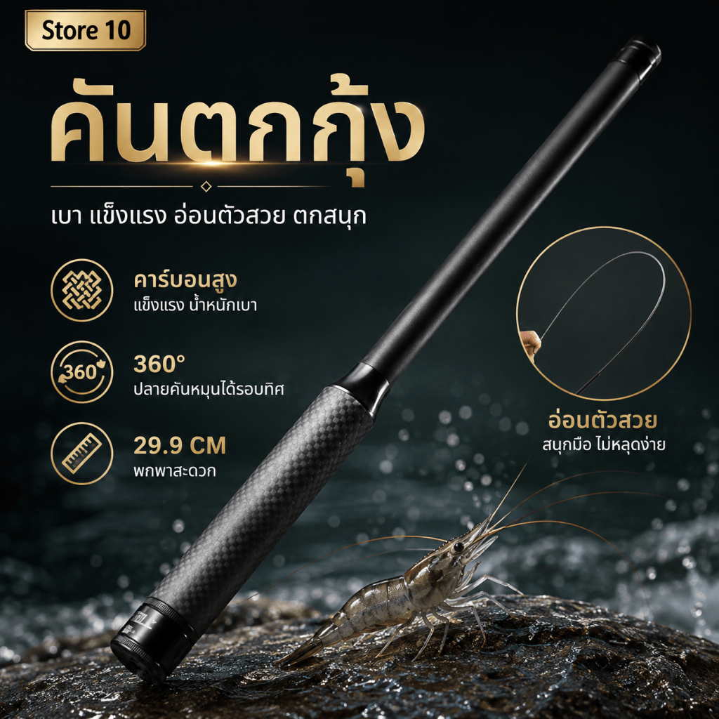 คันตกกุ้ง UL คาร์บอน พับเก็บได้เพียง 28 ซม. 1.5/1.8 เมตร ปลายหมุน 360° พร้อมถุงเก็บ คันเบ็ดตกกุ้งแม่น้ําปลายอ่อน