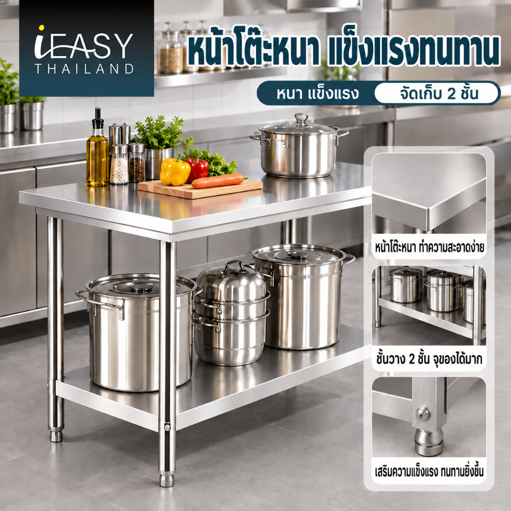 IEASY ใช้ในบ้าน ฟังก์ชั่นหลากหลาย โต๊ะสแตนเลส ขาโต๊ะปรับระดับได้ ขนาด 120x60x80ซม ส่งฟรีทั่วประเทศ Stainless Steel Table
