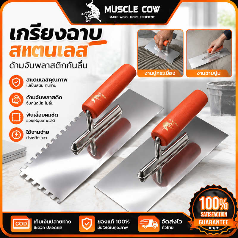 MUSCLE COW เกรียงฉาบปูนฉาบฝ้าใบมีดสแตนเลส304 ไม่เป็นสนิม ด้ามไม้จับถนัดมือ แข็งแรงทนทาน งานปูกระเบื้องฉาบผนัง