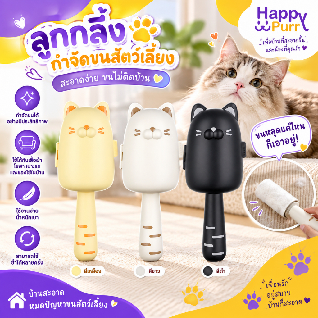 พร้อมส่ง Happy Purr ลูกกลิ้งทำความสะอาด ลูกกลิ้งกำจัดขนสำหรับสัตว์เลี้ยง ลูกกลิ้งกำจัดฝุ่นรูปแมวน่ารัก ติดผนังได้