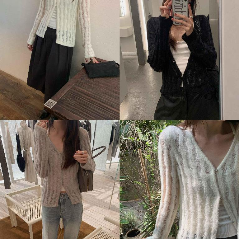 INBYIN - แขนยาวไหมพรมคอวีทอลายแพทเทิลซีทรู V-NECK KNIT CARDIGAN - I4161