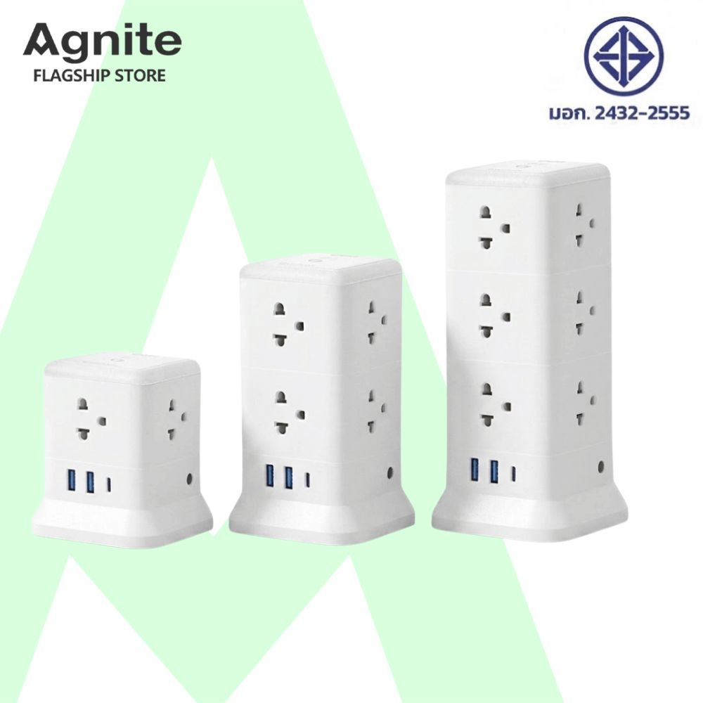 Agnite ปลั๊กไฟตั้งโต๊ะ ปลั๊กไฟคอนโด ใช้ได้ 4 ด้าน USB-A/Type-C ตัดไฟอัตโนมัติ ปลอดภัย Tower Socket