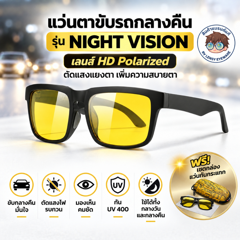 แว่นขับรถกลางคืน เลนส์เหลือง Polarized ตัดแสงสะท้อน UV400 แว่นตากันแดด ชายหญิง พร้อมส่งจากไทย