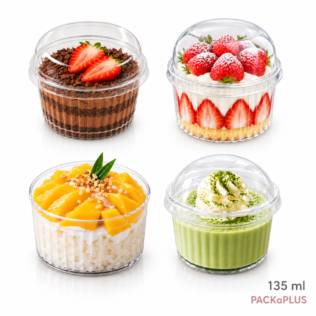 ถ้วยมูส ทรงกลม 135 ml ฝา 2 แบบ ฝาโดม ฝาทรงหมวก แพค 10ใบ วัสดุ พลาสติกลอน วุ้น ทิรามิสุ ชีสพาย บานอฟฟี่ ไอศครีม พุดดิ้ง