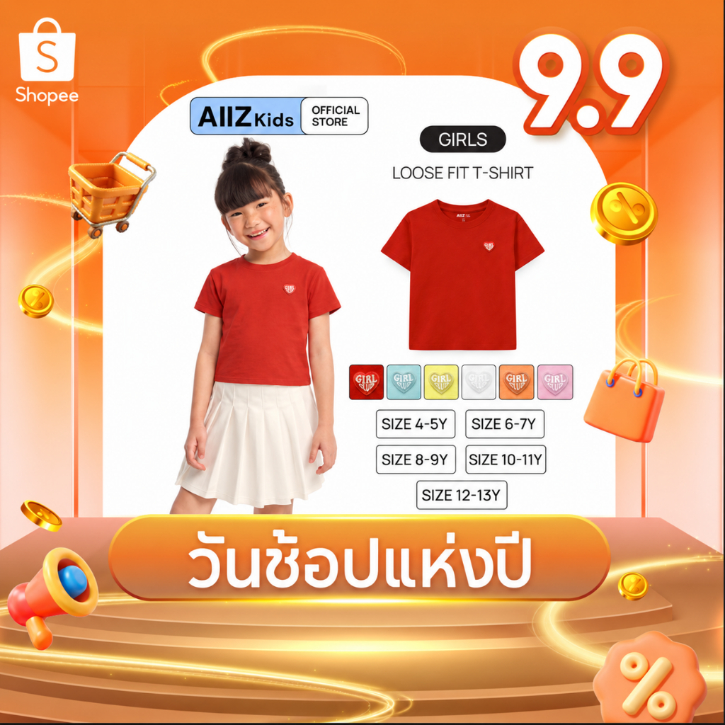 AIIZ (เอ ทู แซด) - AIIZ เสื้อยืดคอกลมเด็กผู้หญิงทรงหลวมสีพื้น AIIZ Girl's Loose fit T-Shirt