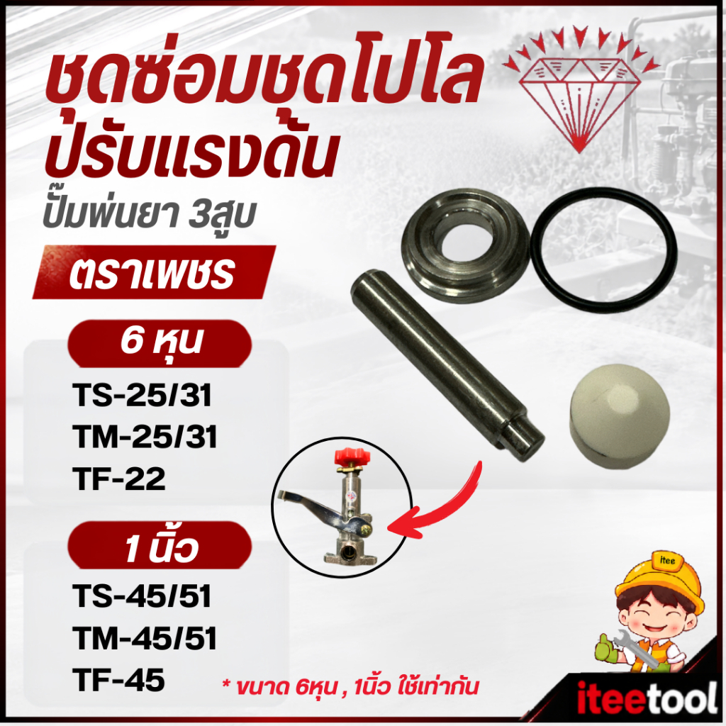 อะไหล่ชุดปรับแรงดันปั้มพ่นยา ตราเพชร 3สูบ TS-25, TS-31, TS-45,TS-51 อะไหล่ปั้มพ่นยา ชุดซ่อมโปโลปั้มพ่นยา ชุดซ่อมโปโล