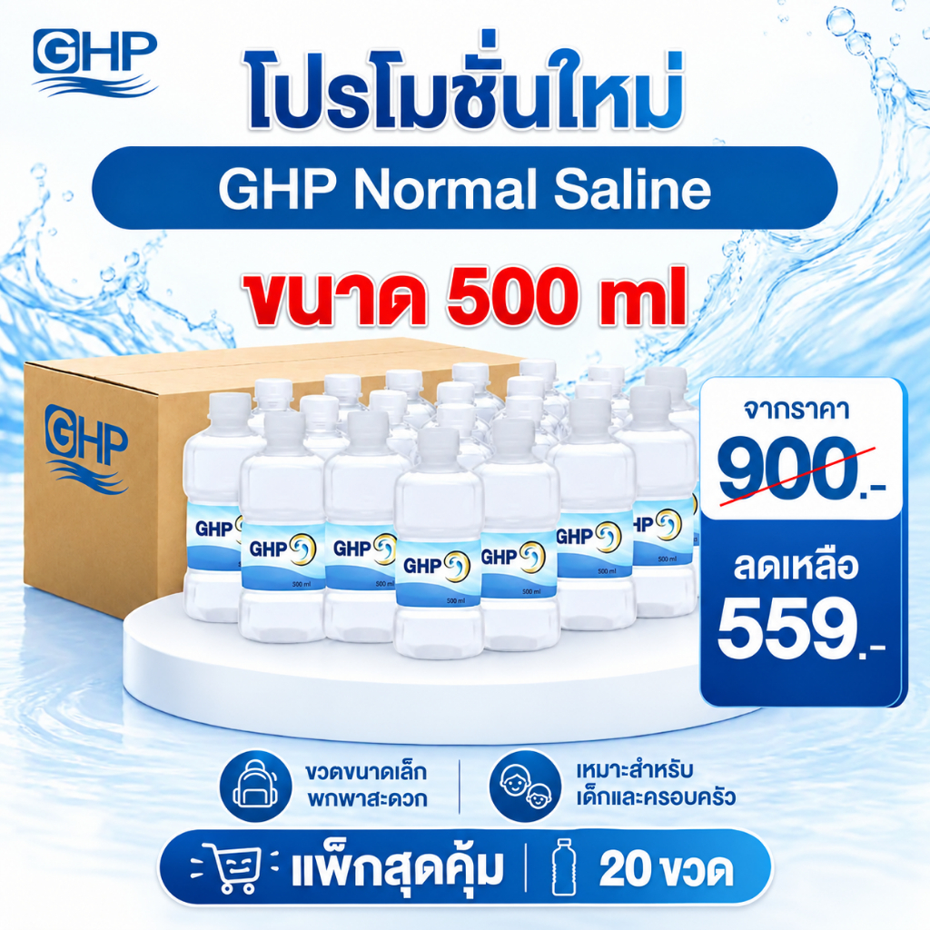 [ยกลัง 20 ขวด] GHP Normal Saline น้ำเกลือ NSS 500ml ขวดดัมเบล พร้อมใช้ แพ็กสุดคุ้ม