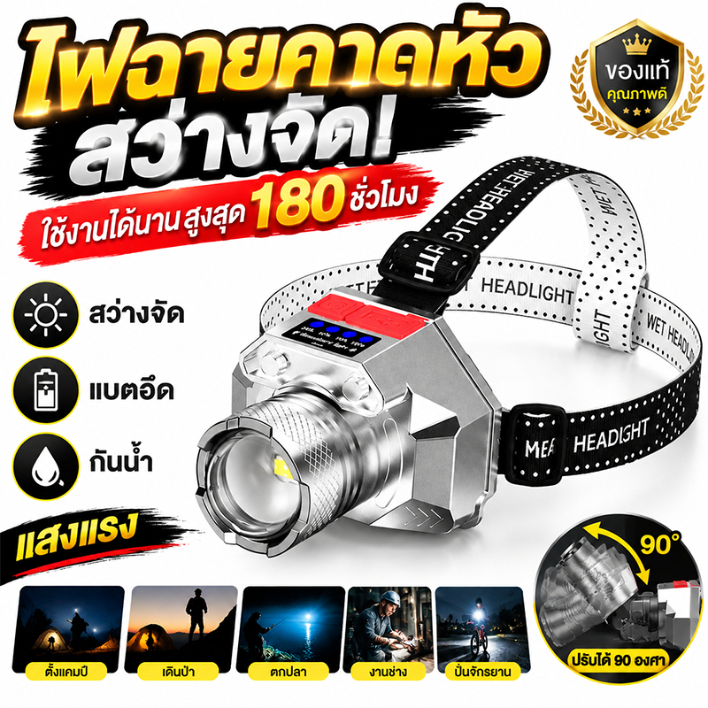 หัวไฟฉายคาดหัว ไฟฉายคาดหัว ไฟคาดหัว ไฟฉาย LED 1500M ไฟหน้าแคมป์ปิ้ง กันน้ำใช้ฝนตก