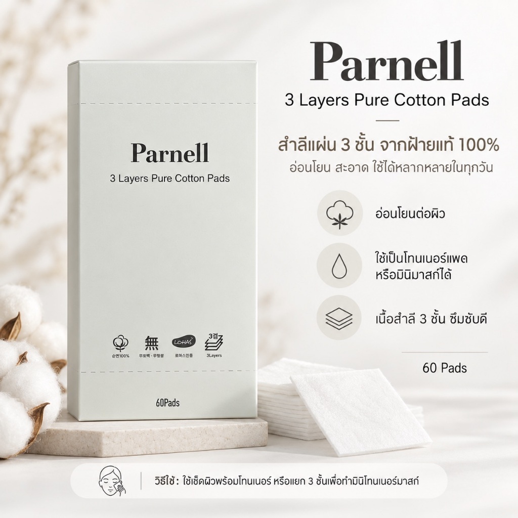 [สำลีเช็ดผิวหน้า] Parnell 3 Layers Pure Cotton Pads 60 แผ่น