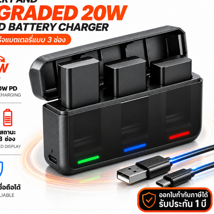 K&F NP-FW50 Box Style Battery and Upgraded 20W LED PD Battery Charger ที่ชาร์จแบตเตอรี่แบบ 3 ช่อง (K